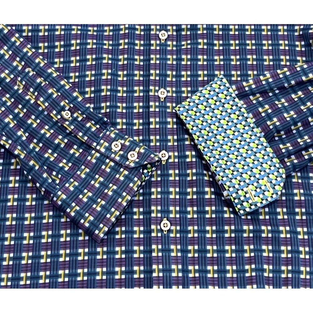 Robert‎ Graham XL Long Sleeve Button Up Flip Cuff Basket Weave Plaid Teal Purple
